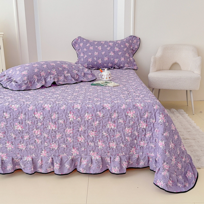 91家纺网 家纺一手货源 找家纺 999家纺 2026新款双层纱花边床盖单件加厚夹棉云感皱皱纱花边床单三件套四季跑量（提供买家秀） 紫韵【花边款】