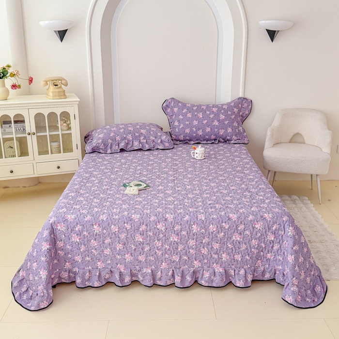 91家纺网 家纺一手货源 找家纺 999家纺 2026新款双层纱花边床盖单件加厚夹棉云感皱皱纱花边床单三件套四季跑量（提供买家秀） 紫韵【花边款】