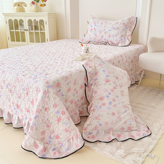 91家纺网 家纺一手货源 找家纺 999家纺 2026新款双层纱花边床盖单件加厚夹棉云感皱皱纱花边床单三件套四季跑量（提供买家秀） 漫花【花边款】