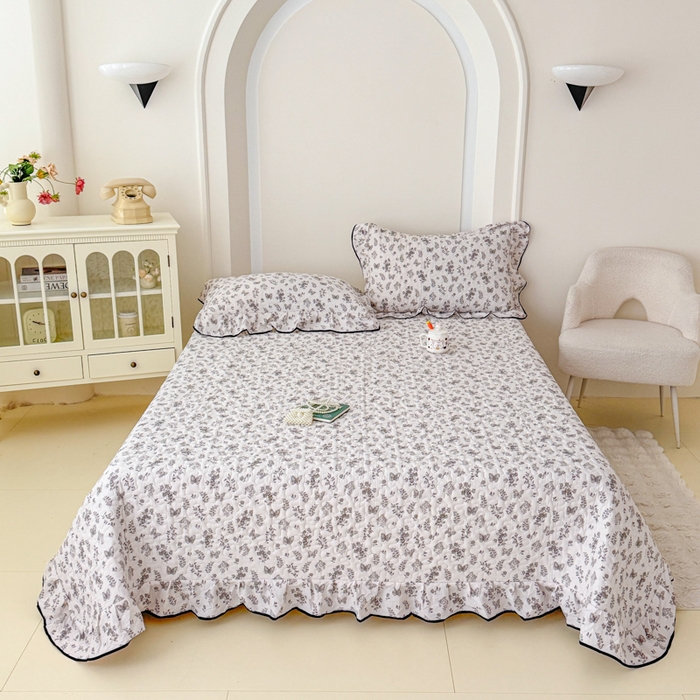 91家纺网 家纺一手货源 找家纺 999家纺 2026新款双层纱花边床盖单件加厚夹棉云感皱皱纱花边床单三件套四季跑量（提供买家秀） 浅画【花边款】