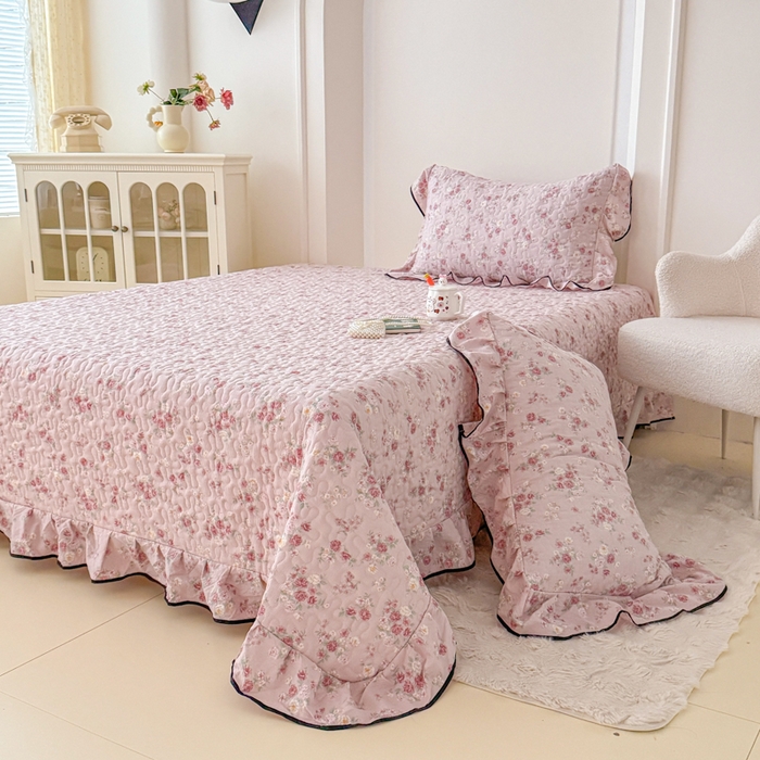 91家纺网 家纺一手货源 找家纺 999家纺 2026新款双层纱花边床盖单件加厚夹棉云感皱皱纱花边床单三件套四季跑量（提供买家秀） 花影【花边款】