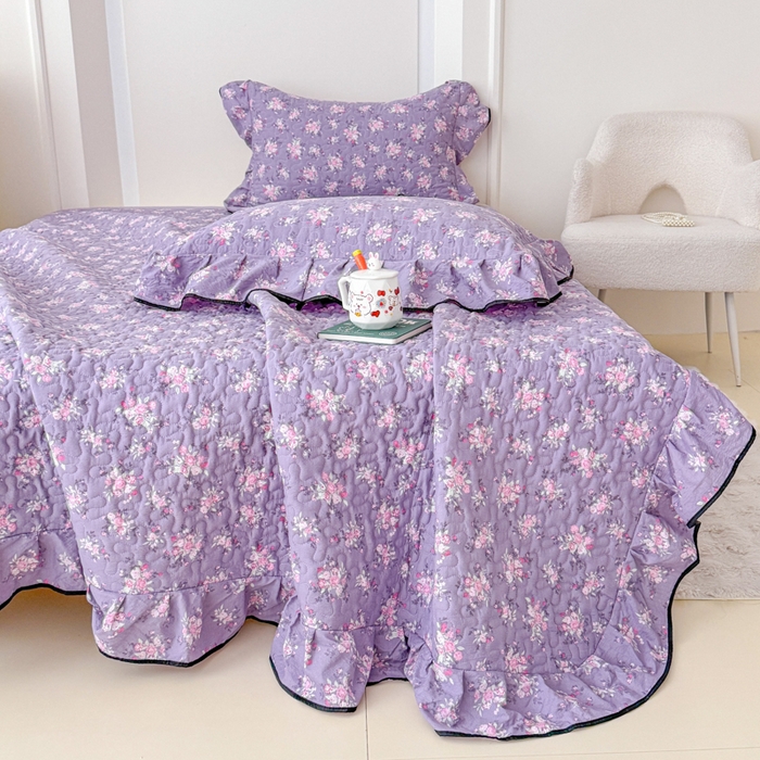 91家纺网 家纺一手货源 找家纺 999家纺 2026新款双层纱花边床盖单件加厚夹棉云感皱皱纱花边床单三件套四季跑量（提供买家秀） 紫韵【花边款】
