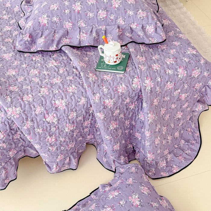 91家纺网 家纺一手货源 找家纺 999家纺 2026新款双层纱花边床盖单件加厚夹棉云感皱皱纱花边床单三件套四季跑量（提供买家秀） 紫韵【花边款】