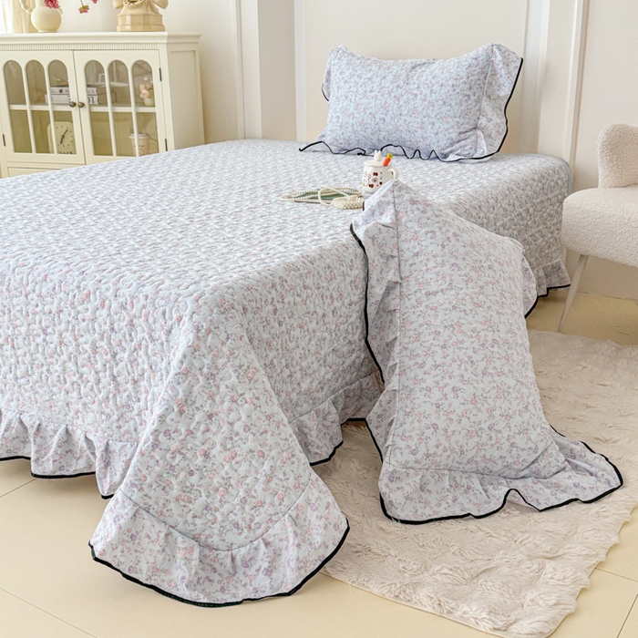 91家纺网 家纺一手货源 找家纺 999家纺 2026新款双层纱花边床盖单件加厚夹棉云感皱皱纱花边床单三件套四季跑量（提供买家秀） 兰黛【花边款】