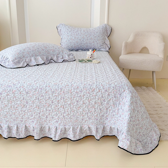 91家纺网 家纺一手货源 找家纺 999家纺 2026新款双层纱花边床盖单件加厚夹棉云感皱皱纱花边床单三件套四季跑量（提供买家秀） 兰黛【花边款】