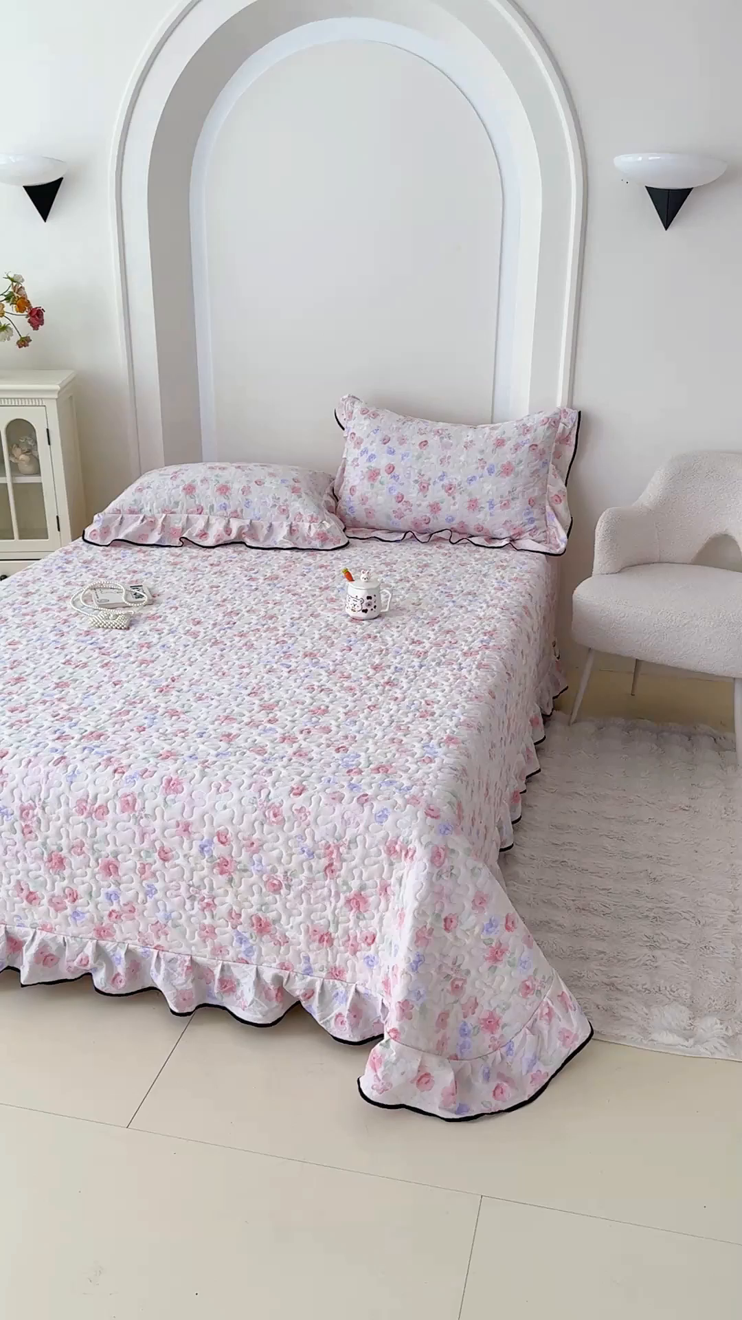 91家纺网 家纺一手货源 找家纺 999家纺 2026新款双层纱花边床盖单件加厚夹棉云感皱皱纱花边床单三件套四季跑量（提供买家秀） 漫花【花边款】