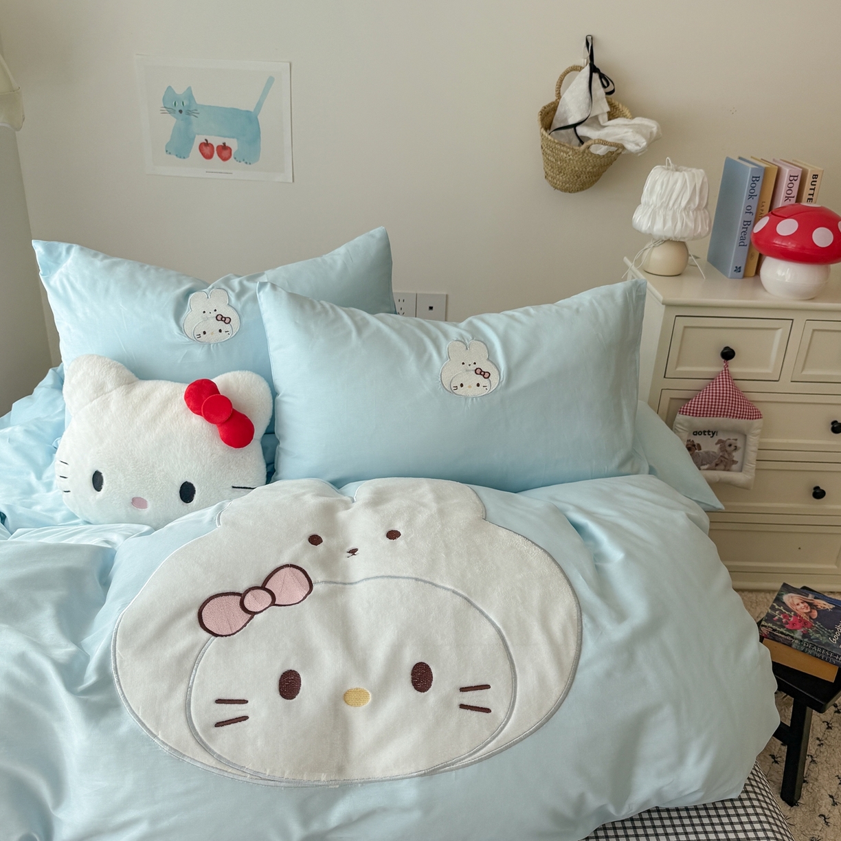 美乐迪家纺 2026新款卡通13372全棉纯棉贴布绣四件套 蓝色兔兔