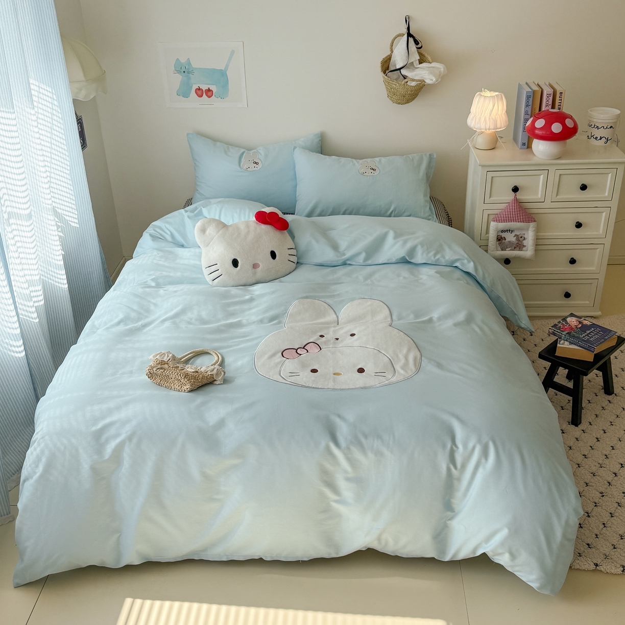 91家纺网 家纺一手货源 找家纺 美乐迪家纺 2026新款卡通13372全棉纯棉贴布绣四件套 蓝色兔兔