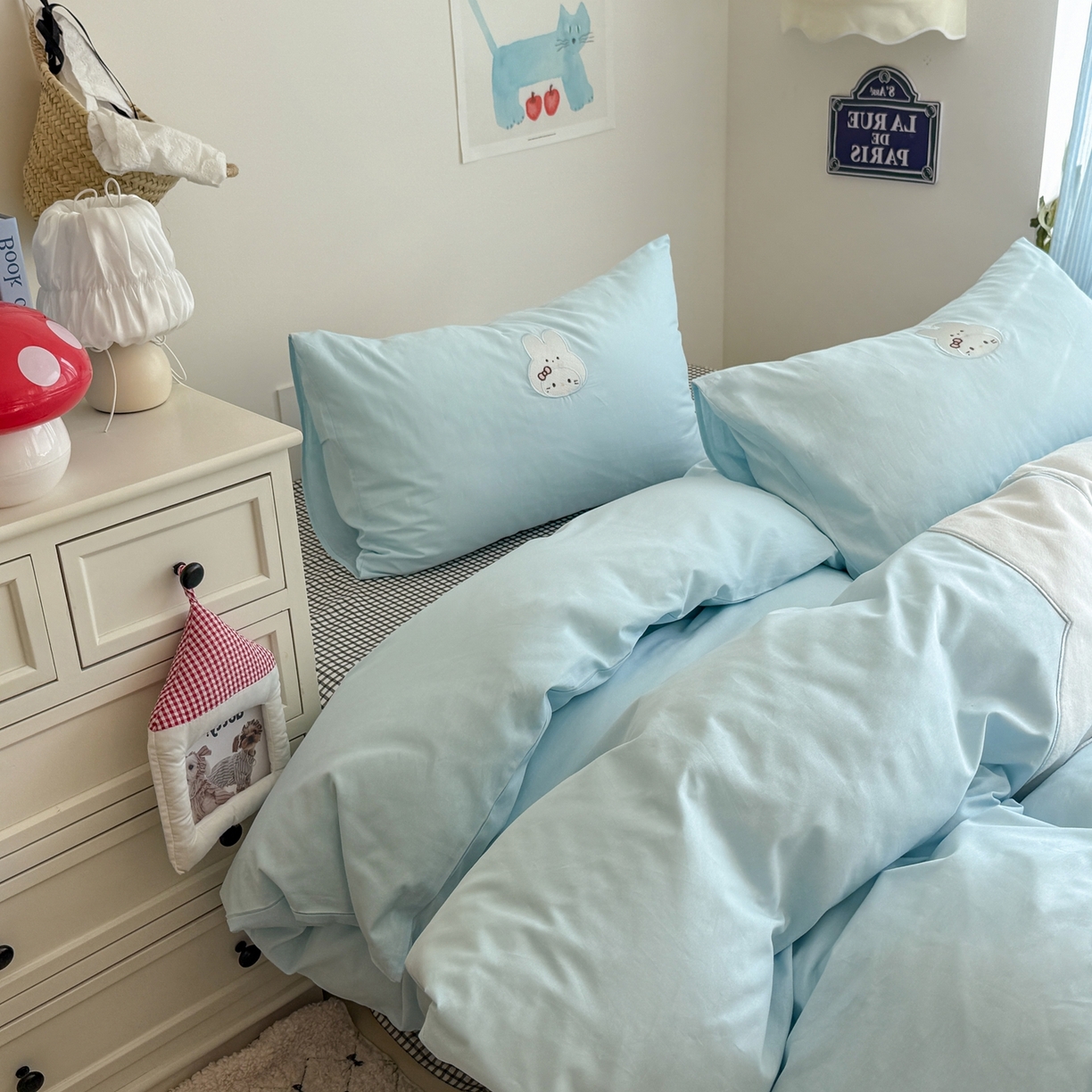 91家纺网 家纺一手货源 找家纺 美乐迪家纺 2026新款卡通13372全棉纯棉贴布绣四件套 蓝色兔兔