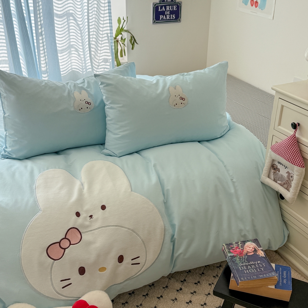 91家纺网 家纺一手货源 找家纺 美乐迪家纺 2026新款卡通13372全棉纯棉贴布绣四件套 蓝色兔兔