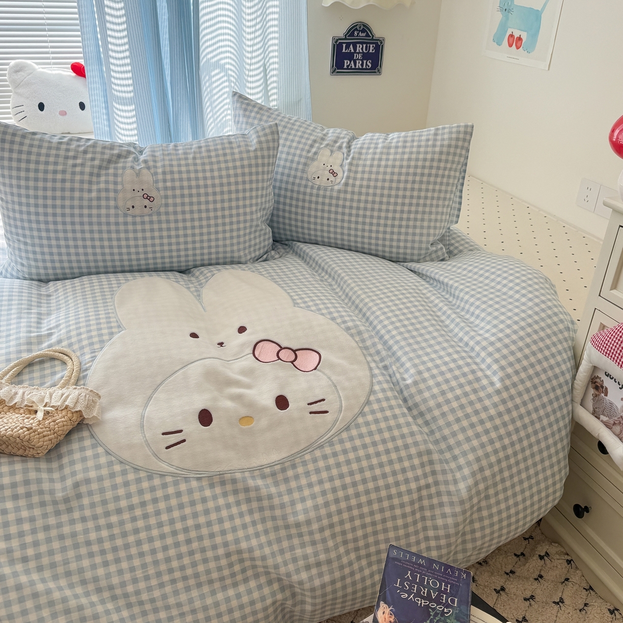 91家纺网 家纺一手货源 找家纺 美乐迪家纺 2026新款卡通13372全棉纯棉贴布绣四件套 蓝格兔兔