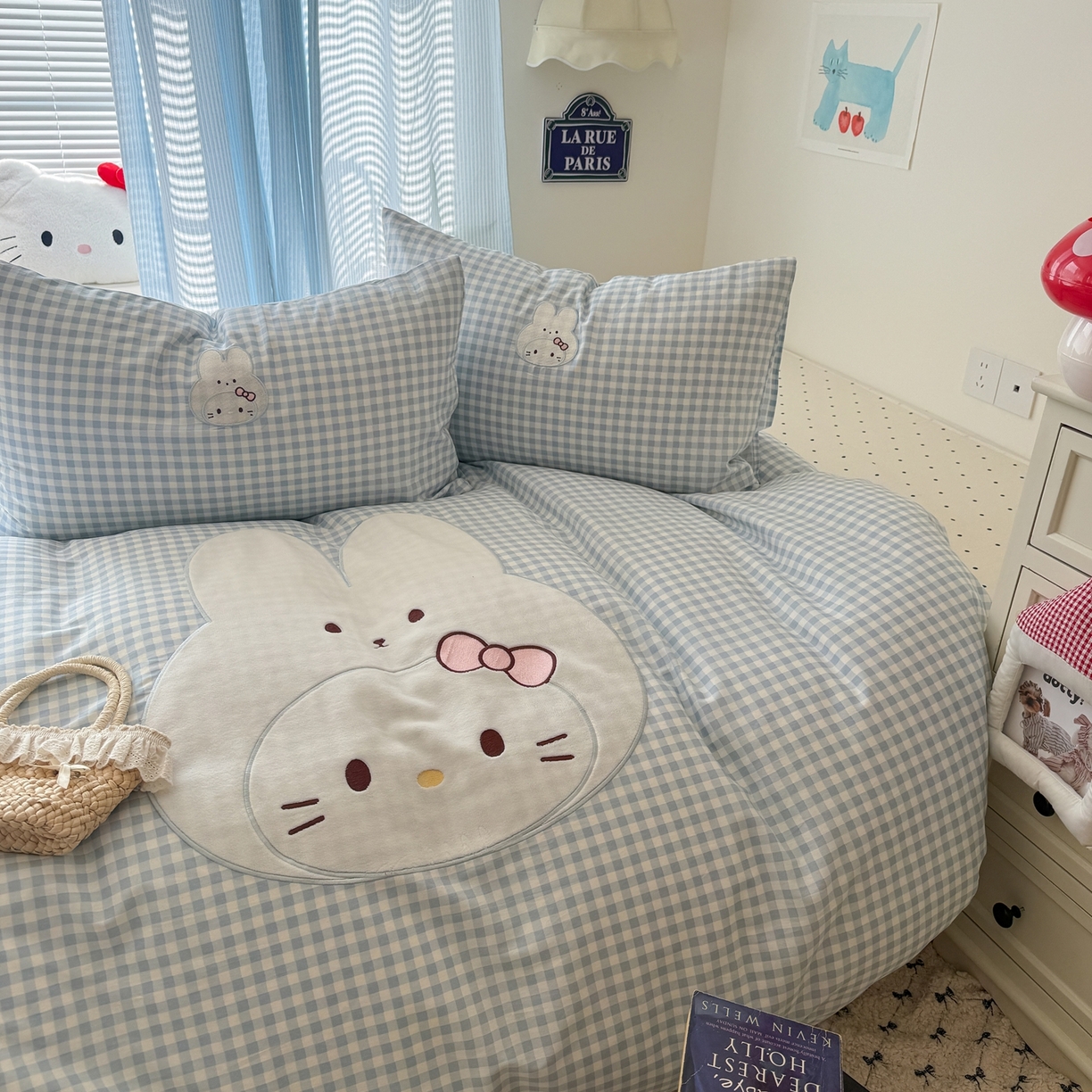 91家纺网 家纺一手货源 找家纺 美乐迪家纺 2026新款卡通13372全棉纯棉贴布绣四件套 蓝格兔兔