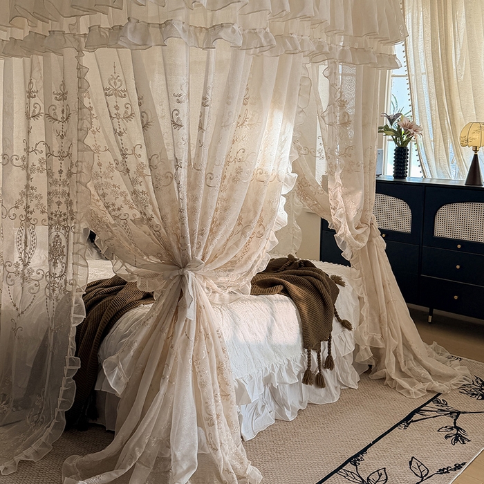 91家纺网 家纺一手货源 找家纺 都市缘蚊帐 2026年新款3303多丽棉绣花工艺导轨宫廷蚊帐 3303南法假日-麦芽杏