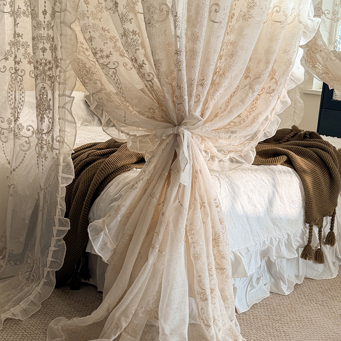 91家纺网 家纺一手货源 找家纺 都市缘蚊帐 2026年新款3303多丽棉绣花工艺导轨宫廷蚊帐 3303南法假日-麦芽杏