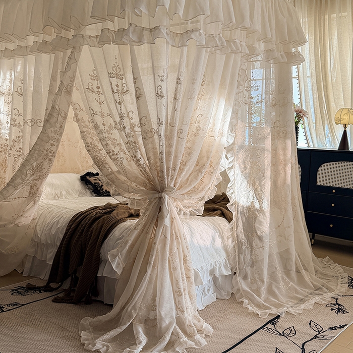 91家纺网 家纺一手货源 找家纺 都市缘蚊帐 2026年新款3303多丽棉绣花工艺导轨宫廷蚊帐 3303南法假日-麦芽杏