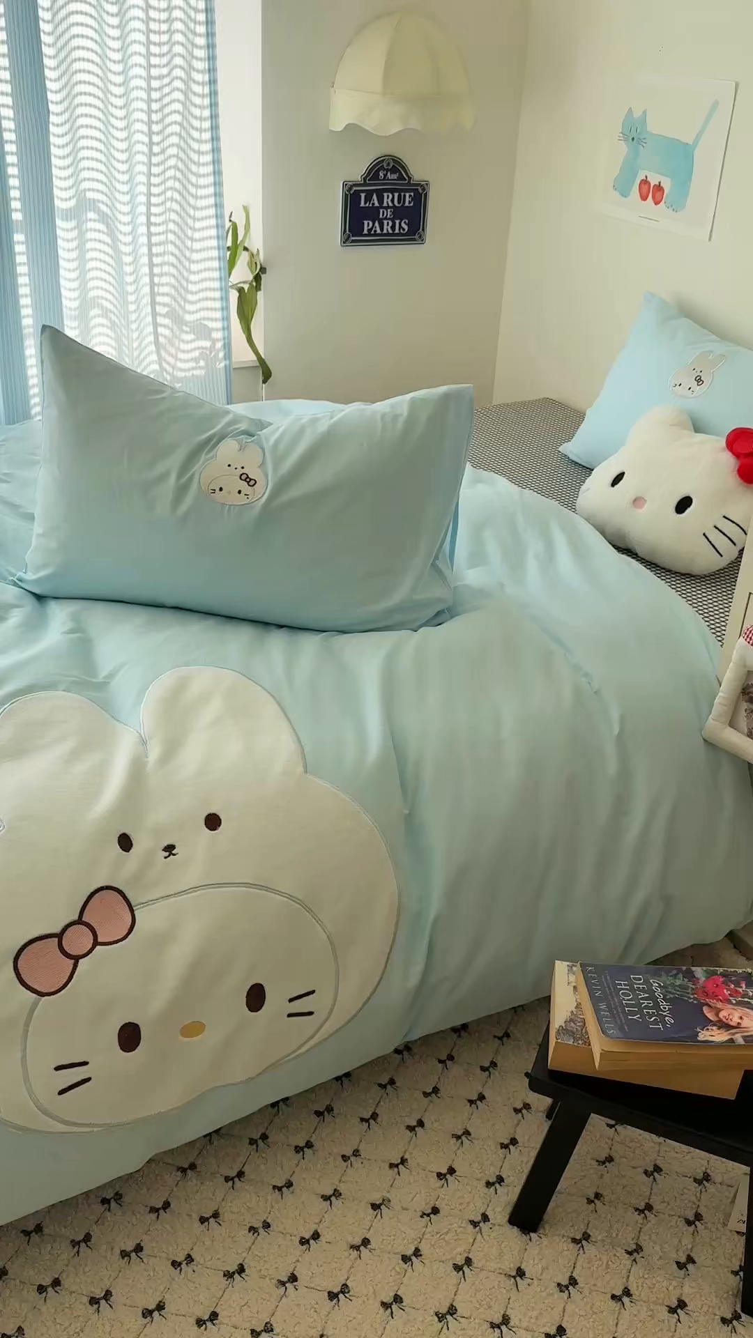 91家纺网 家纺一手货源 找家纺 美乐迪家纺 2026新款卡通13372全棉纯棉贴布绣四件套 蓝色兔兔
