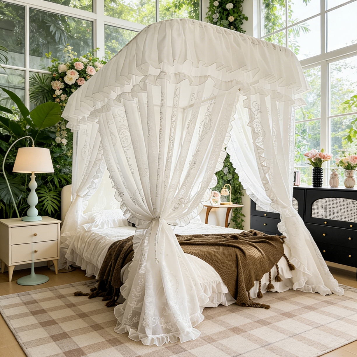 91家纺网 家纺一手货源 找家纺 都市缘蚊帐 2026年新款3303多丽棉绣花工艺导轨宫廷蚊帐 3303香榭丽舍-云雾白