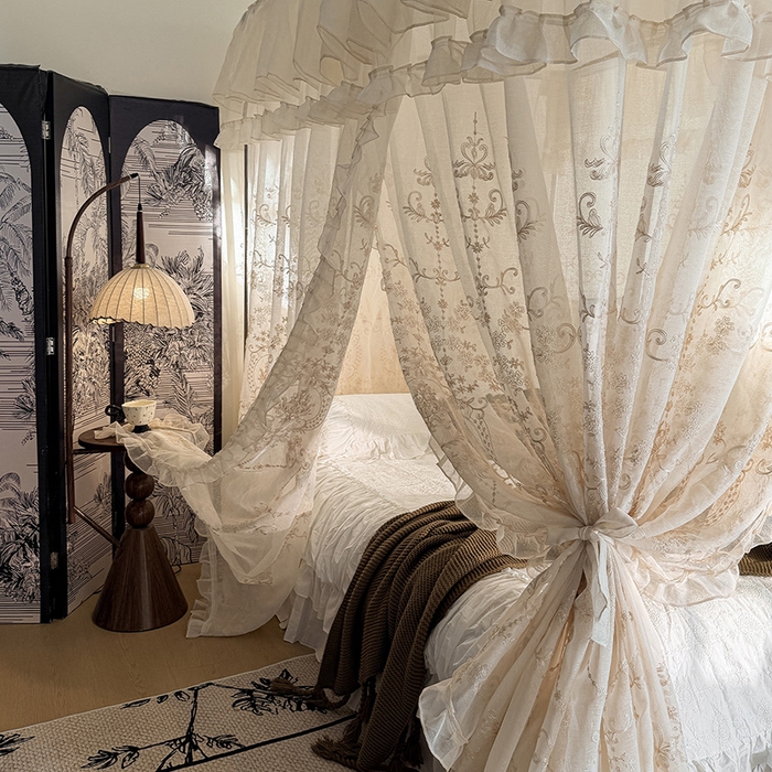 91家纺网 家纺一手货源 找家纺 都市缘蚊帐 2026年新款3303多丽棉绣花工艺导轨宫廷蚊帐 3303南法假日-麦芽杏