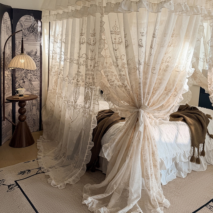 91家纺网 家纺一手货源 找家纺 都市缘蚊帐 2026年新款3303多丽棉绣花工艺导轨宫廷蚊帐 3303南法假日-麦芽杏