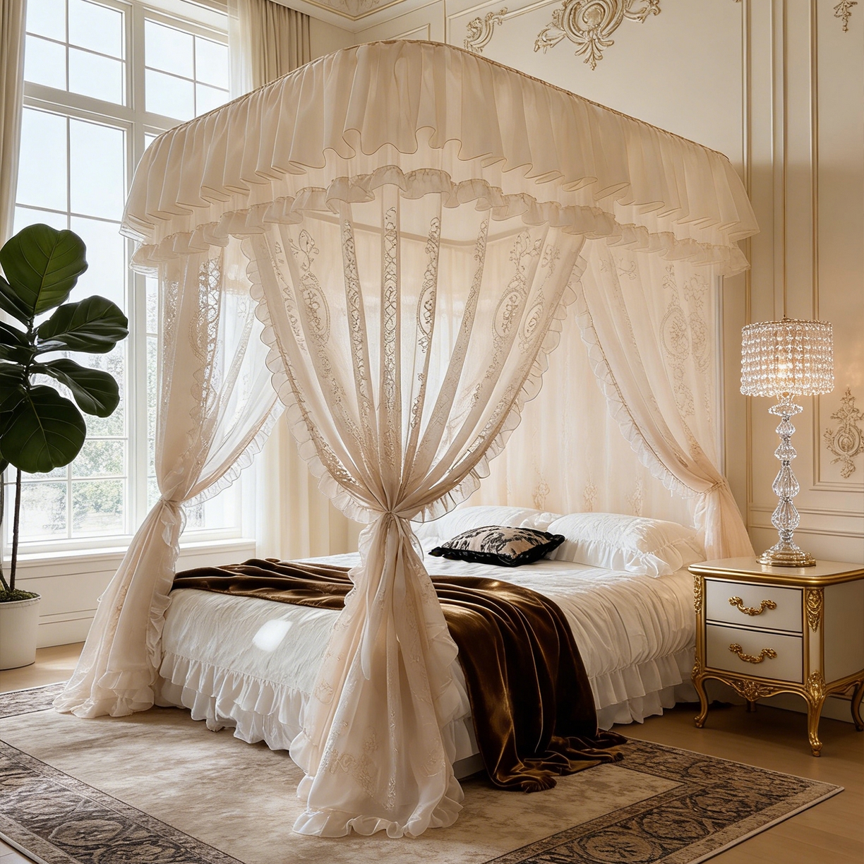 91家纺网 家纺一手货源 找家纺 都市缘蚊帐 2026年新款3303多丽棉绣花工艺导轨宫廷蚊帐 3303香榭丽舍-麦芽杏