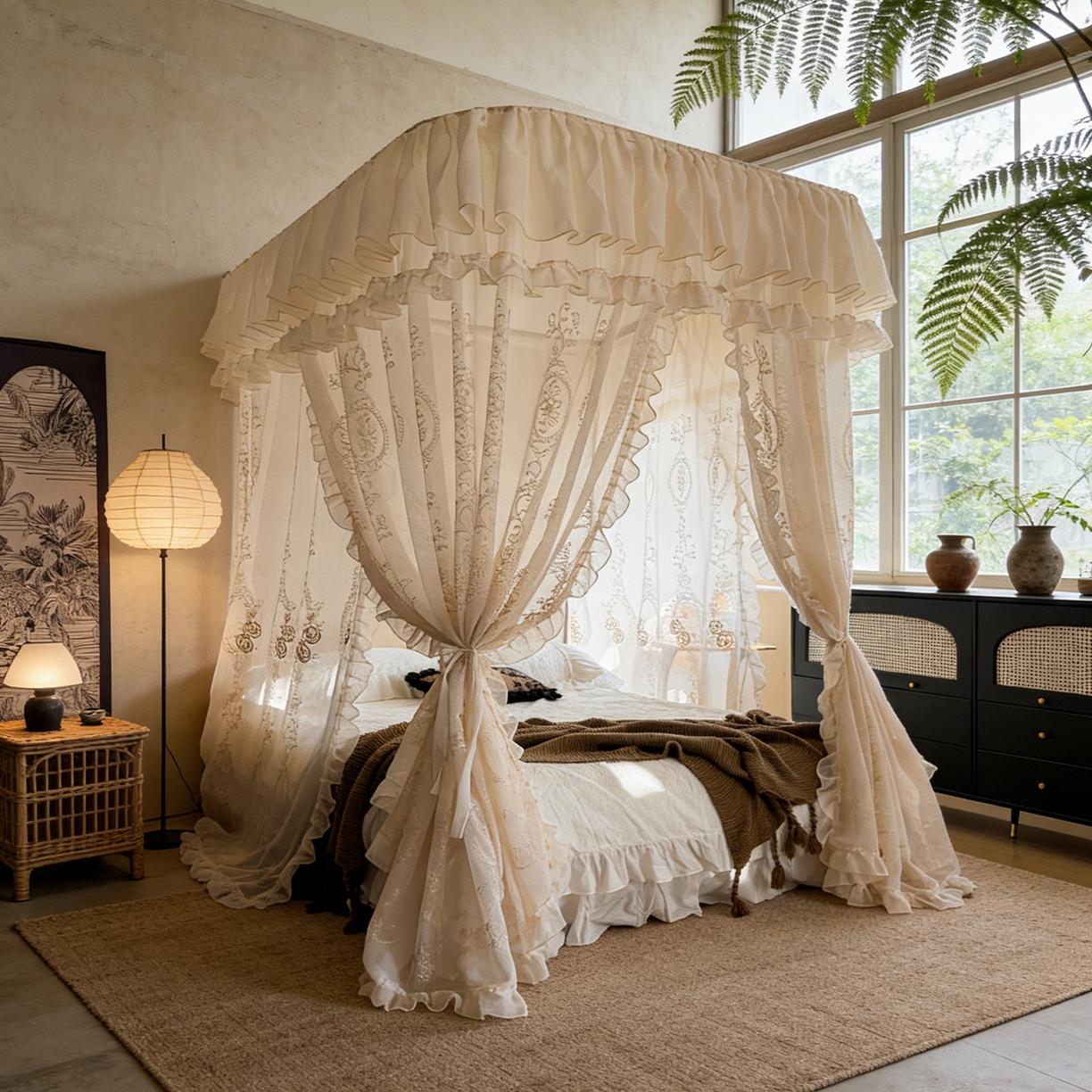 91家纺网 家纺一手货源 找家纺 都市缘蚊帐 2026年新款3303多丽棉绣花工艺导轨宫廷蚊帐 3303香榭丽舍-麦芽杏