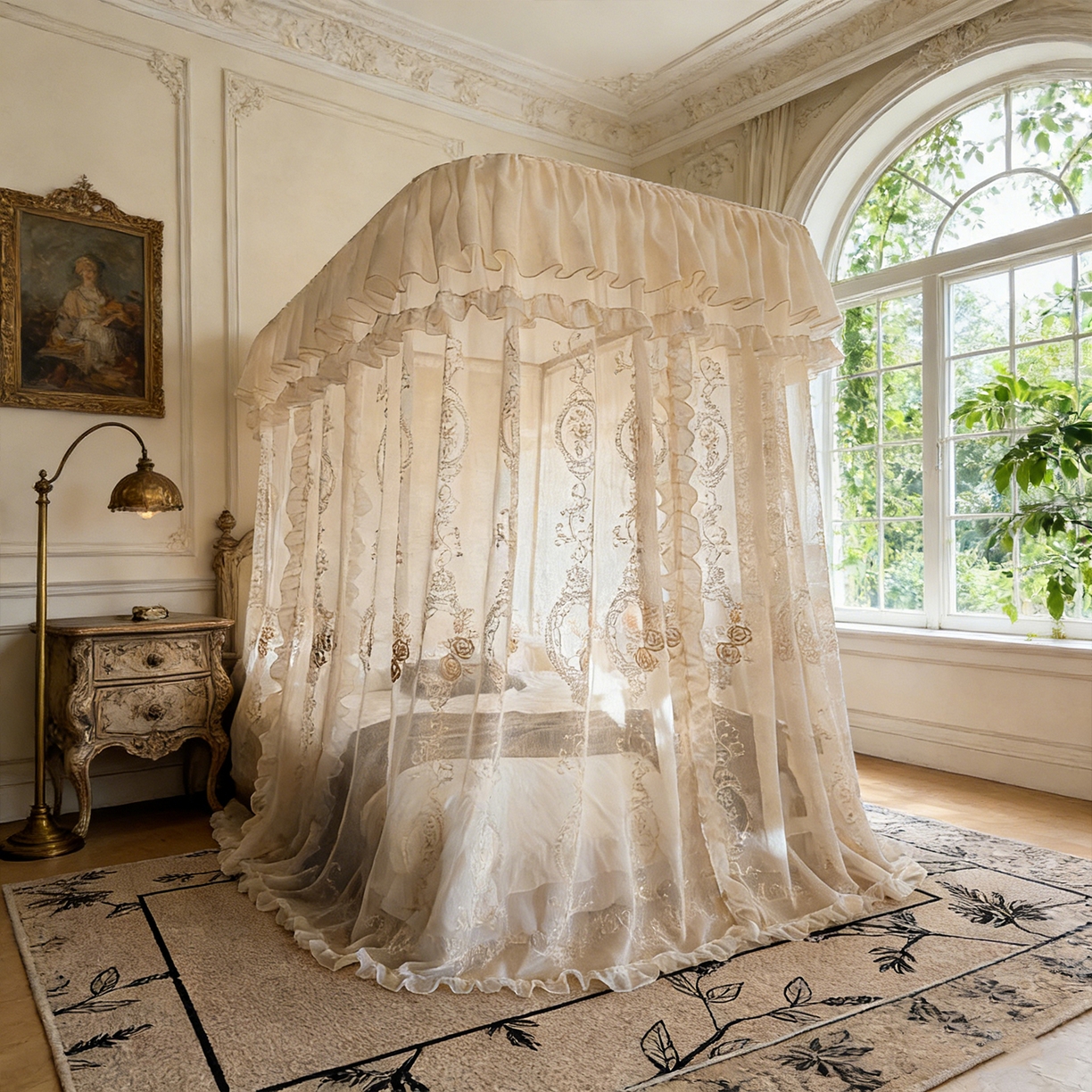 91家纺网 家纺一手货源 找家纺 都市缘蚊帐 2026年新款3303多丽棉绣花工艺导轨宫廷蚊帐 3303香榭丽舍-麦芽杏