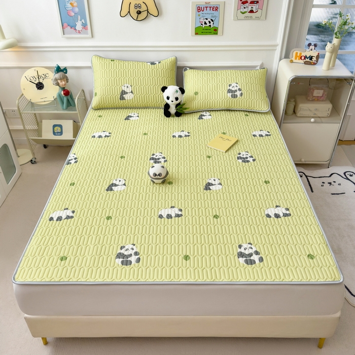 91家纺网 家纺一手货源 找家纺 丝羽坊 2026新款高密凉感丝印花乳胶凉席-平铺款 熊猫绿