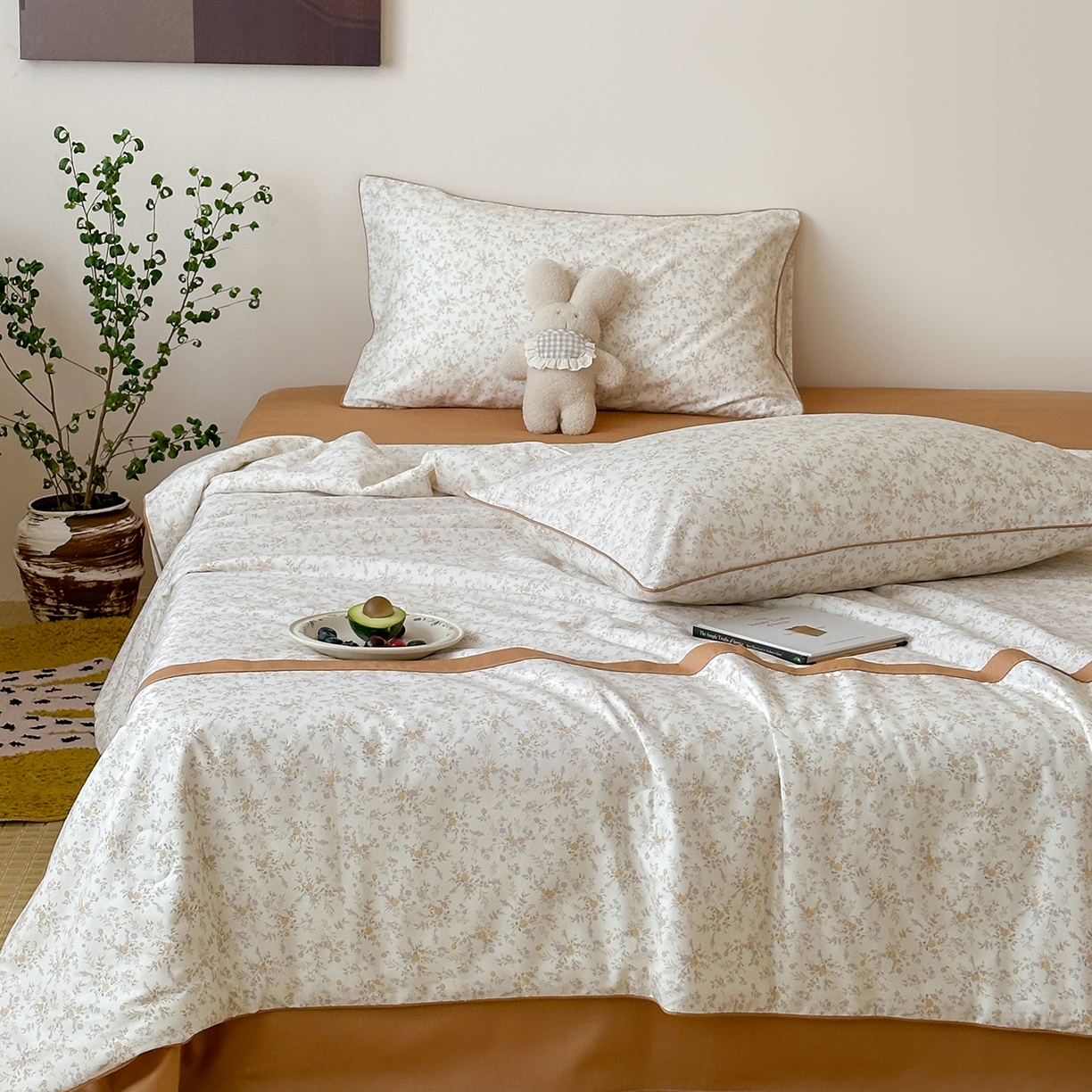 91家纺网 家纺一手货源 找家纺 一加一 2026新款活性印花透气工艺大豆夏被夏凉被空调被四件套-棉花叙 花影斜