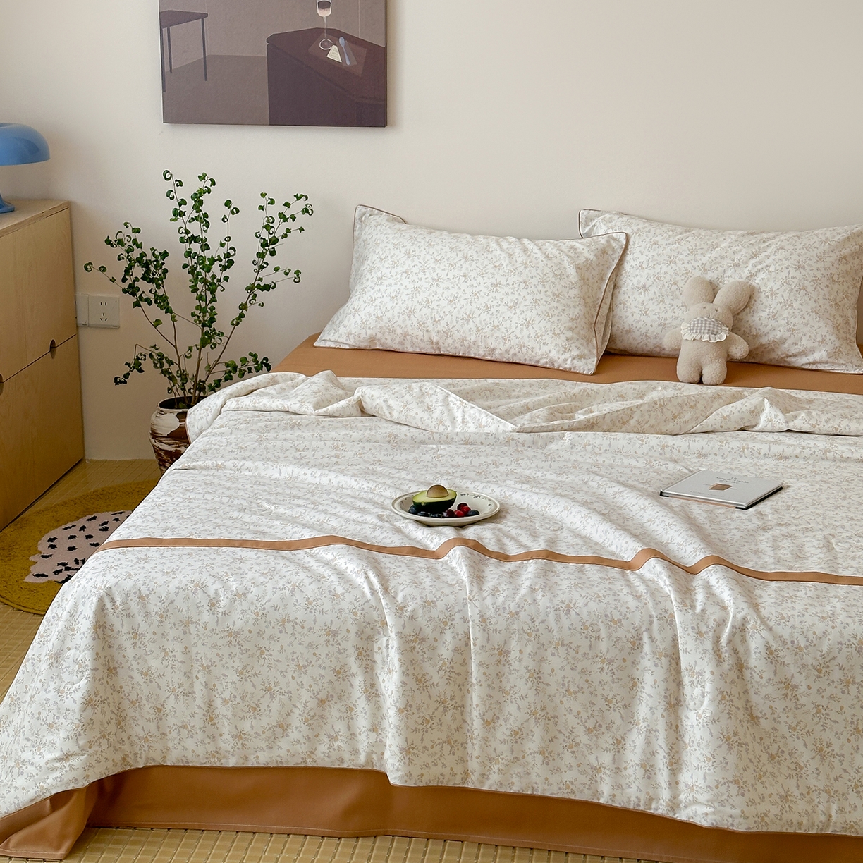 91家纺网 家纺一手货源 找家纺 一加一 2026新款活性印花透气工艺大豆夏被夏凉被空调被四件套-棉花叙 花影斜