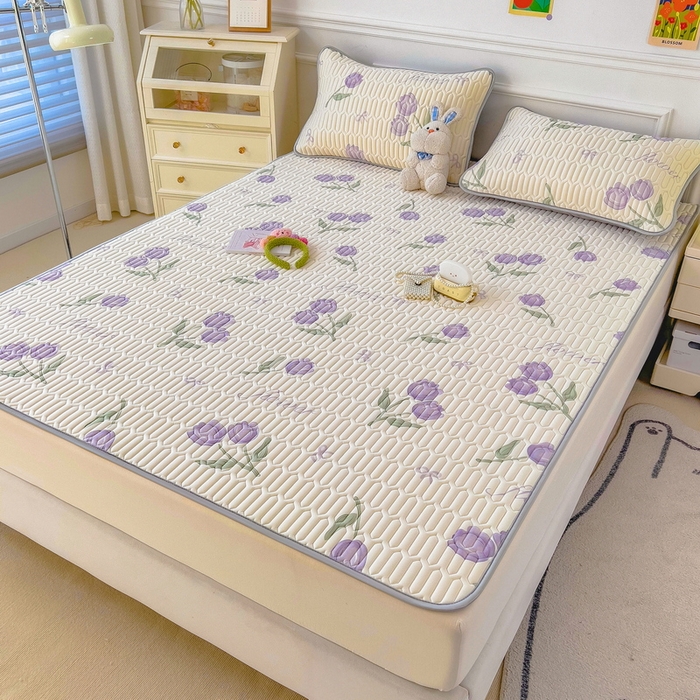 91家纺网 家纺一手货源 找家纺 丝羽坊 2026新款高密凉感丝印花乳胶凉席-平铺款 郁金香紫