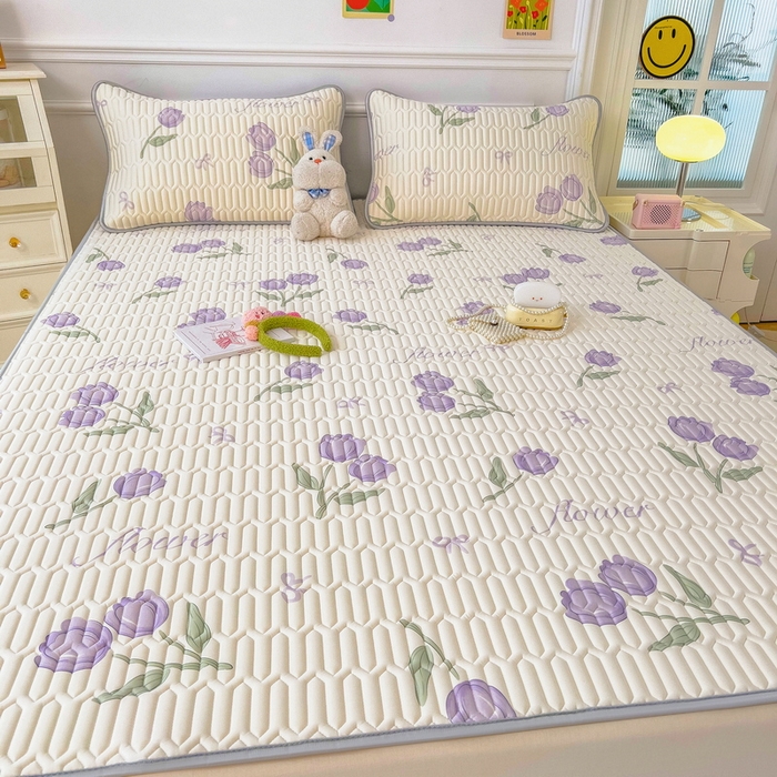 91家纺网 家纺一手货源 找家纺 丝羽坊 2026新款高密凉感丝印花乳胶凉席-平铺款 郁金香紫