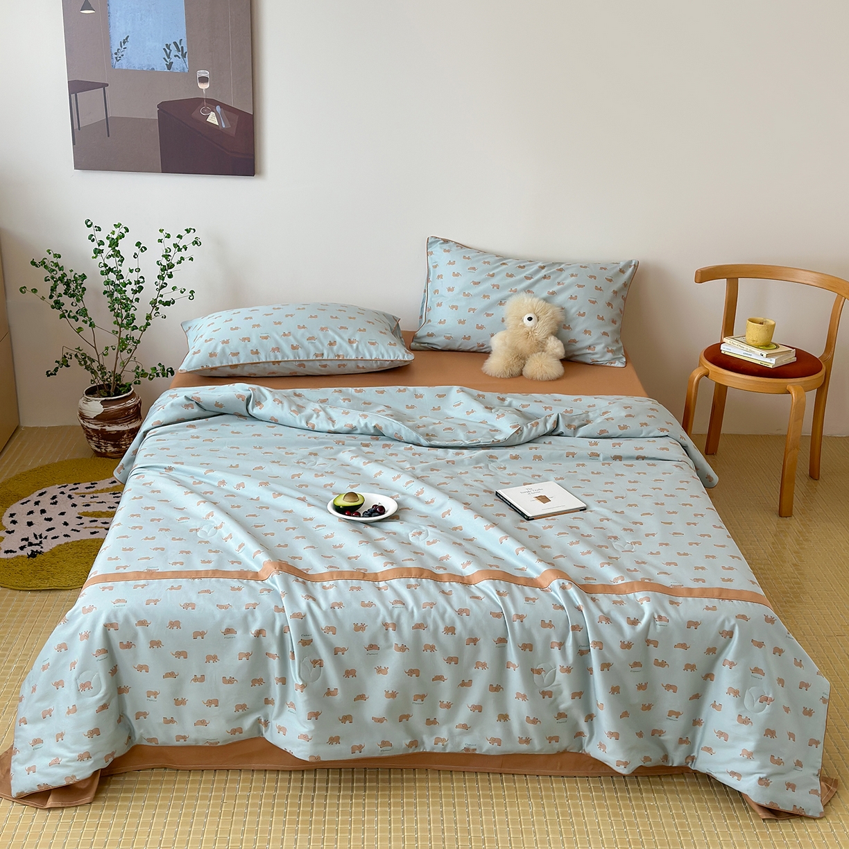 91家纺网 家纺一手货源 找家纺 一加一 2026新款活性印花透气工艺大豆夏被夏凉被空调被四件套-棉花叙 麦田小象 绿