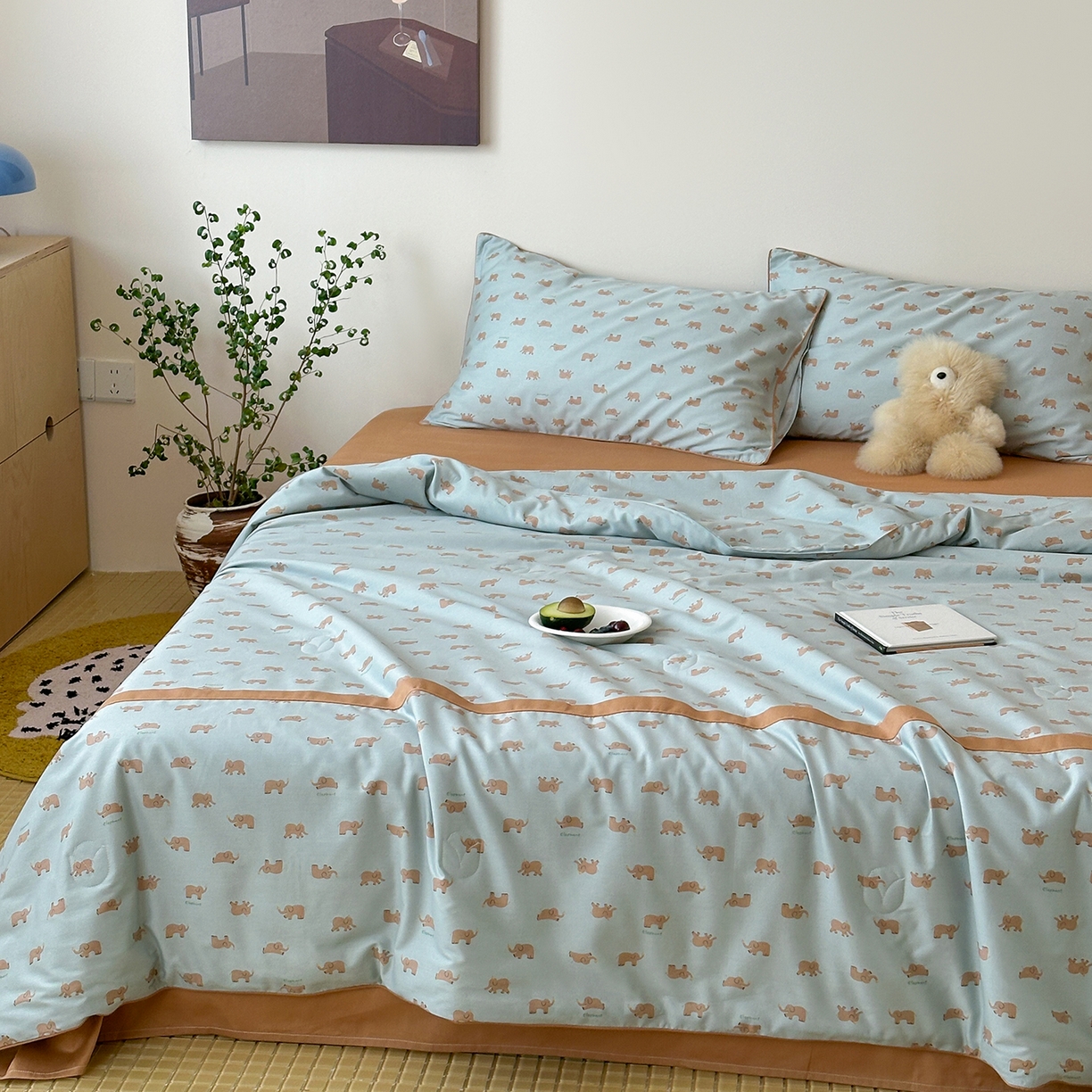 91家纺网 家纺一手货源 找家纺 一加一 2026新款活性印花透气工艺大豆夏被夏凉被空调被四件套-棉花叙 麦田小象 绿