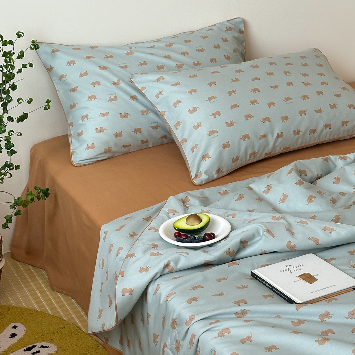 91家纺网 家纺一手货源 找家纺 一加一 2026新款活性印花透气工艺大豆夏被夏凉被空调被四件套-棉花叙 麦田小象 绿