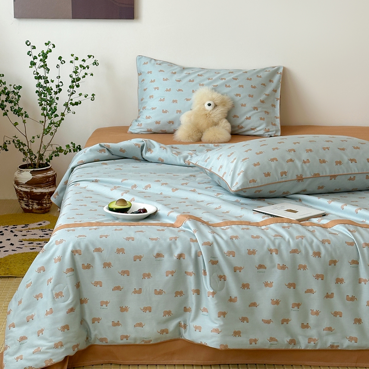 91家纺网 家纺一手货源 找家纺 一加一 2026新款活性印花透气工艺大豆夏被夏凉被空调被四件套-棉花叙 麦田小象 绿