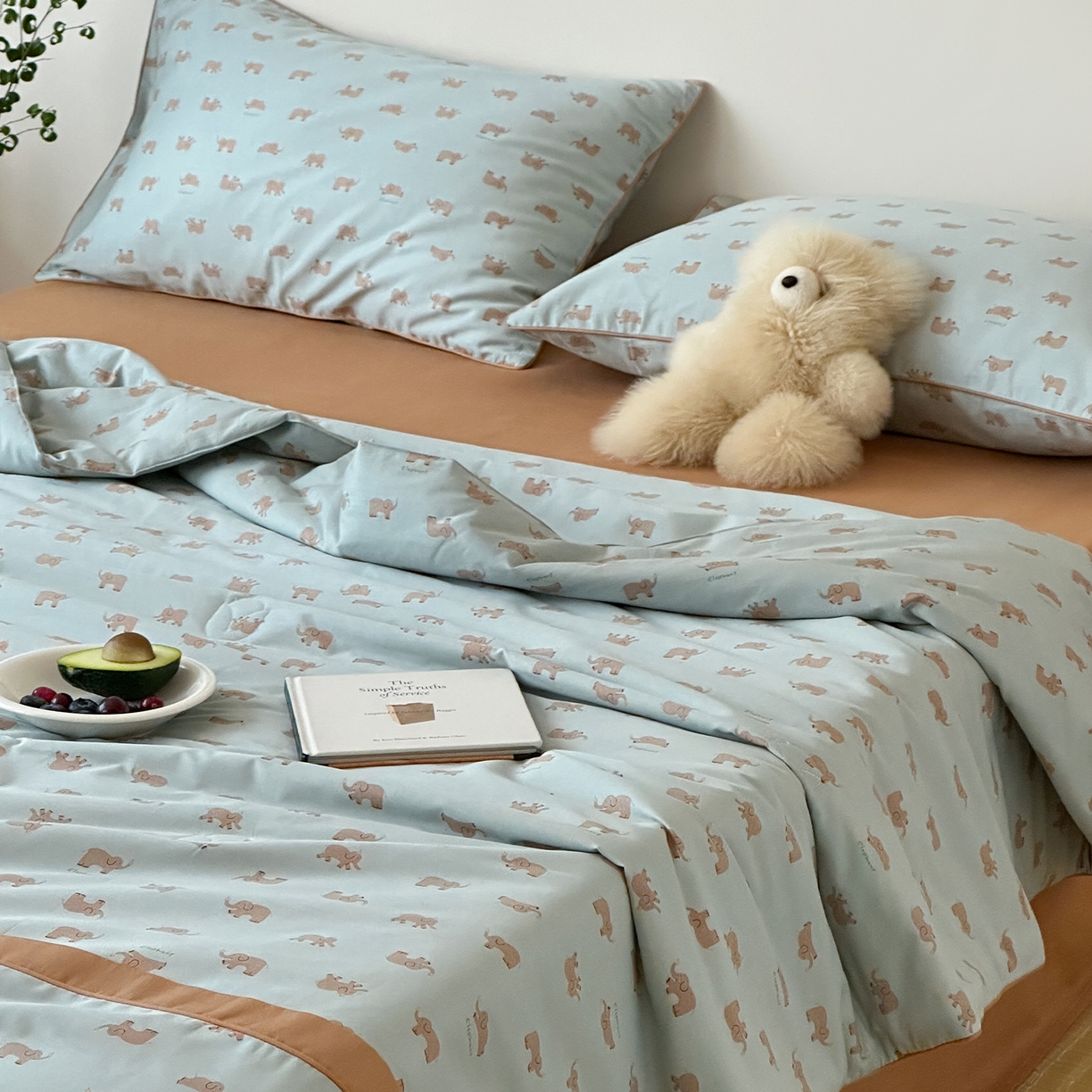 91家纺网 家纺一手货源 找家纺 一加一 2026新款活性印花透气工艺大豆夏被夏凉被空调被四件套-棉花叙 麦田小象 绿