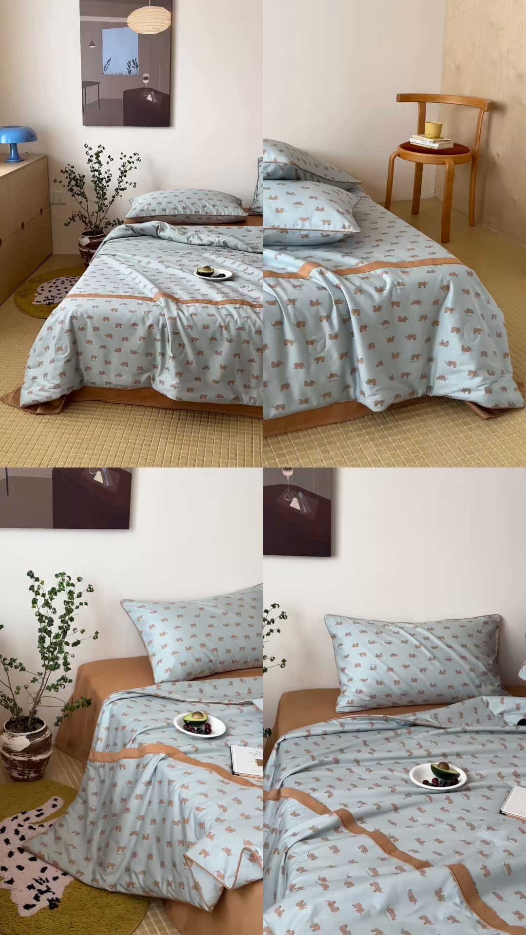 91家纺网 家纺一手货源 找家纺 一加一 2026新款活性印花透气工艺大豆夏被夏凉被空调被四件套-棉花叙 麦田小象 绿