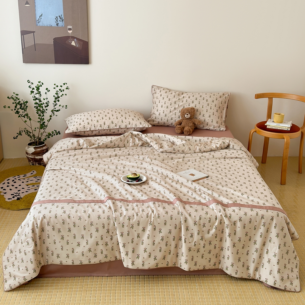 91家纺网 家纺一手货源 找家纺 一加一 2026新款活性印花透气工艺大豆夏被夏凉被空调被四件套-棉花叙 麦田熊熊