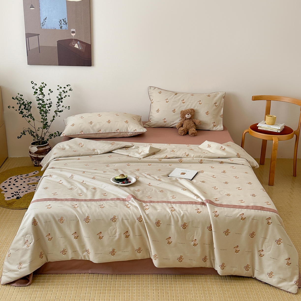 91家纺网 家纺一手货源 找家纺 一加一 2026新款活性印花透气工艺大豆夏被夏凉被空调被四件套-棉花叙 面包熊熊