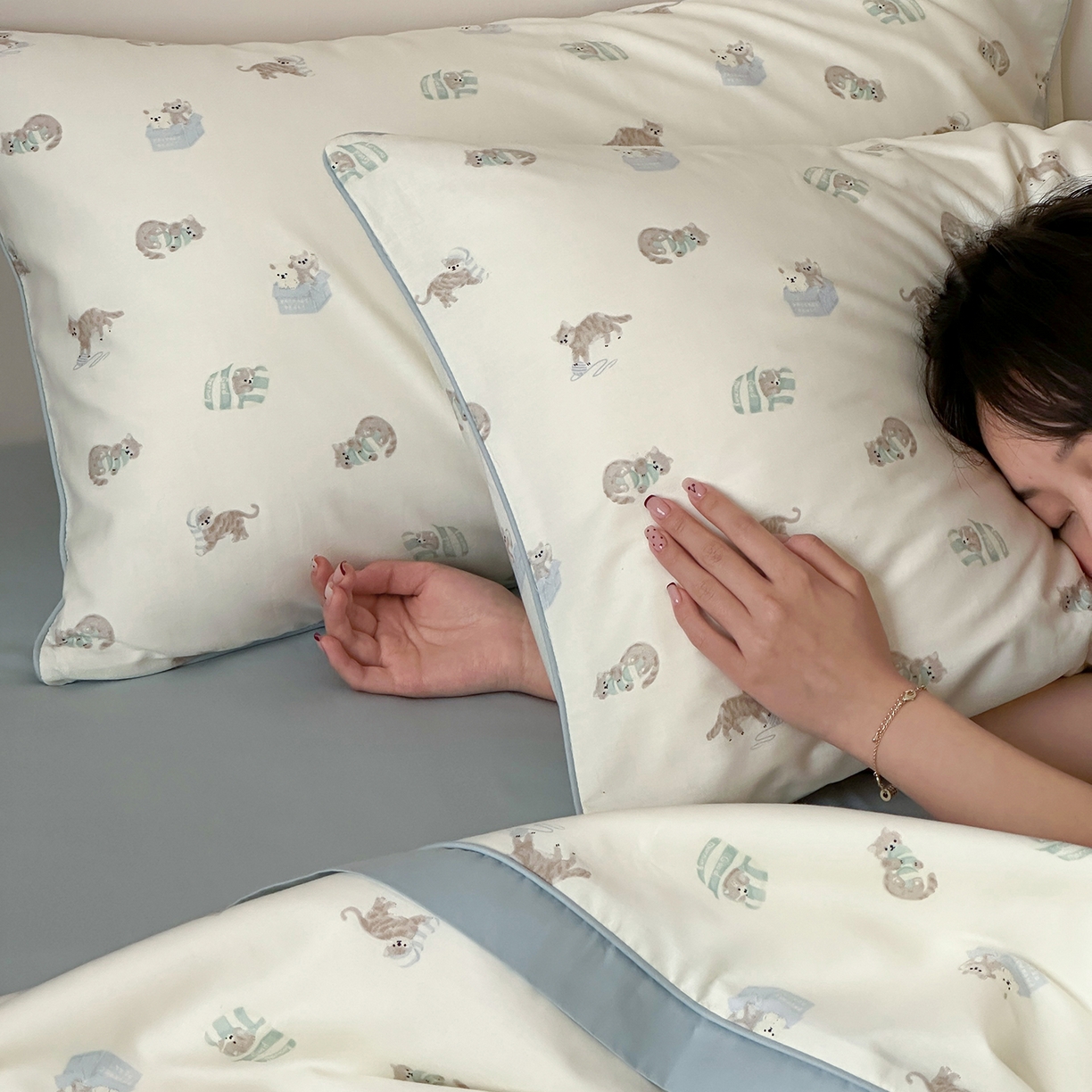 91家纺网 家纺一手货源 找家纺 一加一 2026新款活性印花透气工艺大豆夏被夏凉被空调被四件套-棉花叙 喵可爱