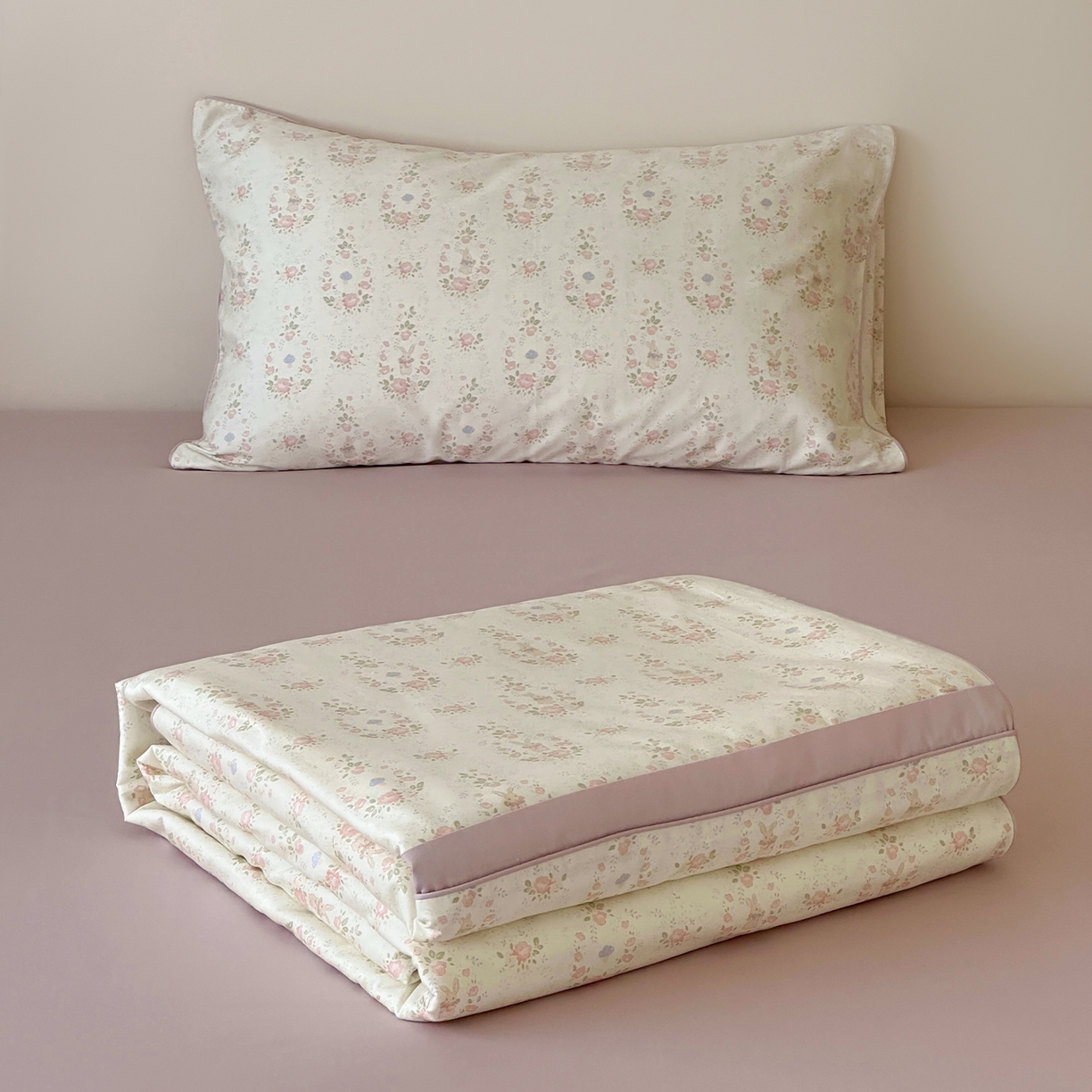 一加一 2026新款活性印花透气工艺大豆夏被夏凉被空调被四件套-棉花叙 兔语花田