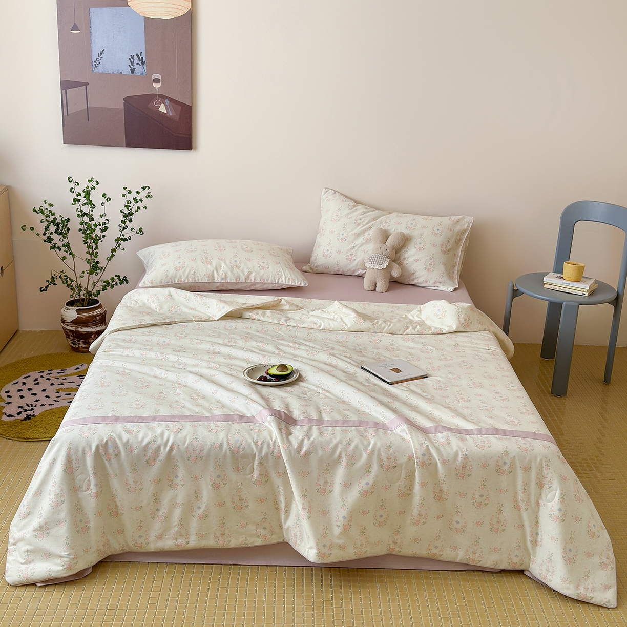 91家纺网 家纺一手货源 找家纺 一加一 2026新款活性印花透气工艺大豆夏被夏凉被空调被四件套-棉花叙 兔语花田