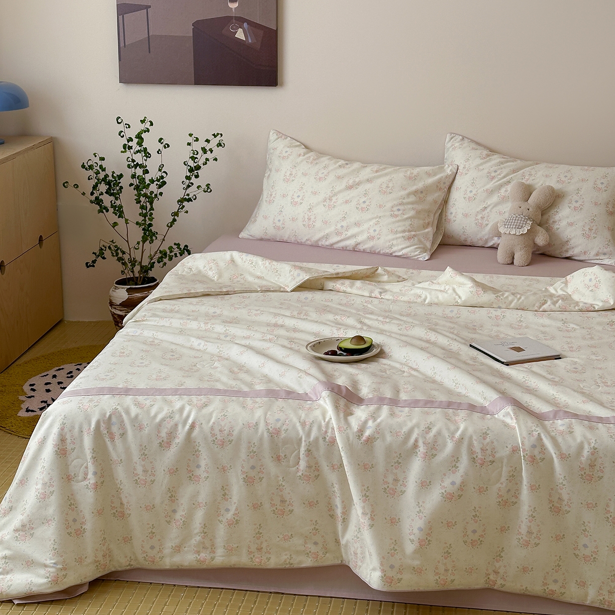 91家纺网 家纺一手货源 找家纺 一加一 2026新款活性印花透气工艺大豆夏被夏凉被空调被四件套-棉花叙 兔语花田