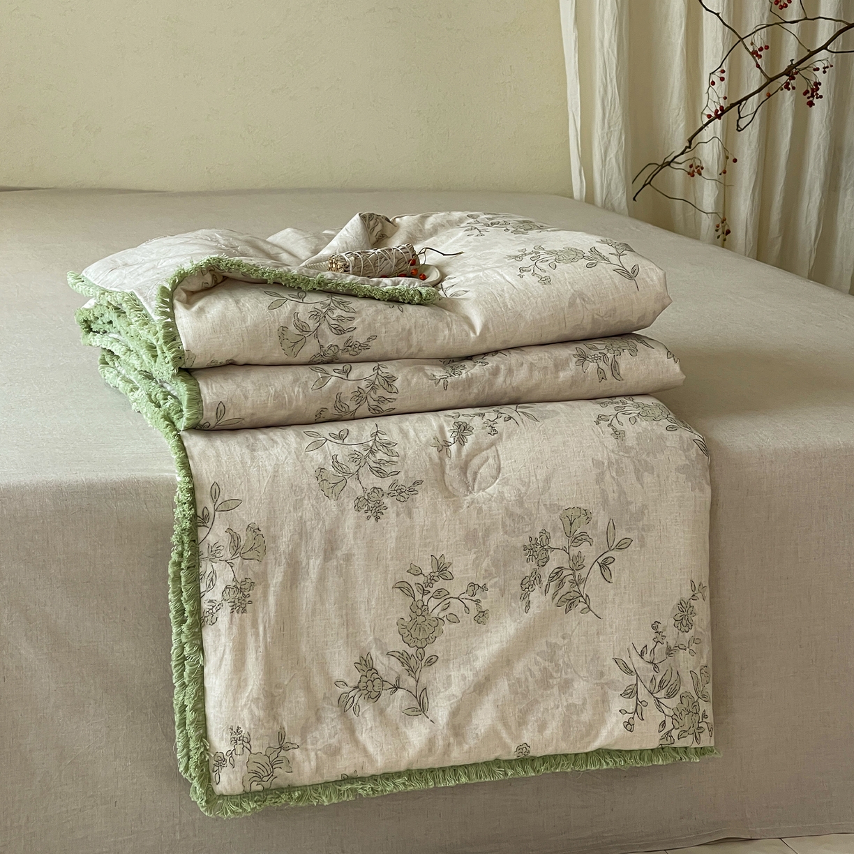 91家纺网 家纺一手货源 找家纺 （总）一加一 2026新款A类棉麻透气提花花边凉感夏被夏凉被空调被四件套棉麻叙