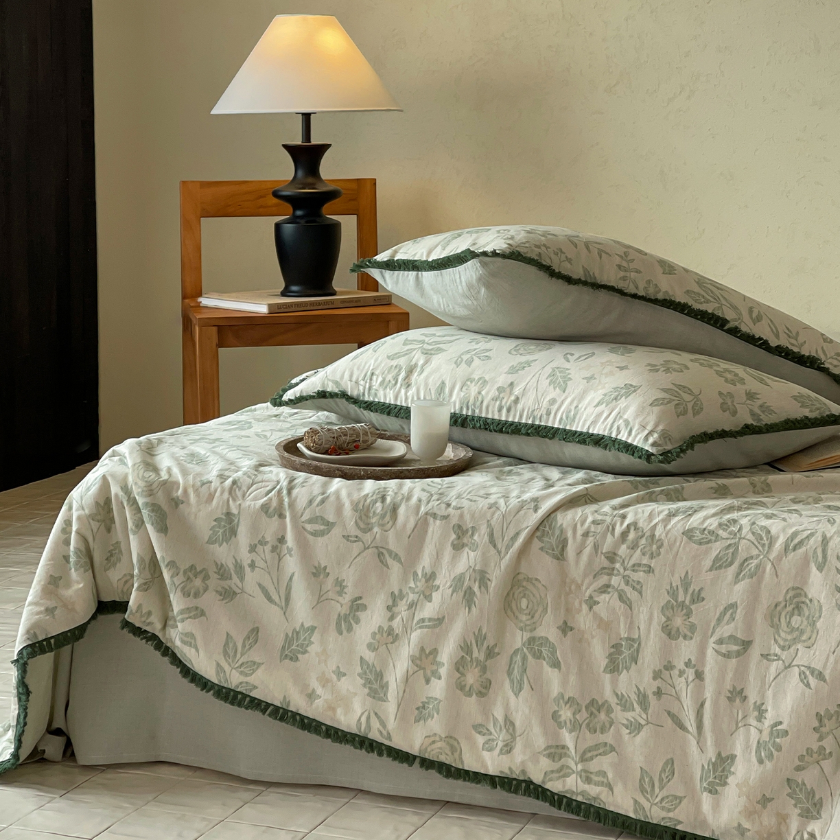 91家纺网 家纺一手货源 找家纺 一加一 2026新款A类棉麻透气提花花边凉感夏被夏凉被空调被四件套棉麻叙 欧佩拉-绿