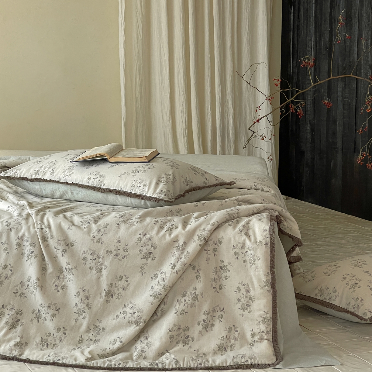 91家纺网 家纺一手货源 找家纺 一加一 2026新款A类棉麻透气提花花边凉感夏被夏凉被空调被四件套棉麻叙 锦瑟-绿