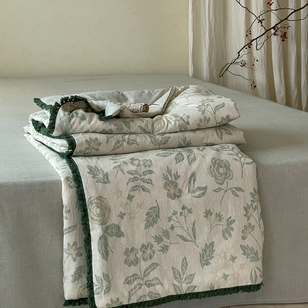 一加一 2026新款A类棉麻透气提花花边凉感夏被夏凉被空调被四件套棉麻叙 欧佩拉-绿