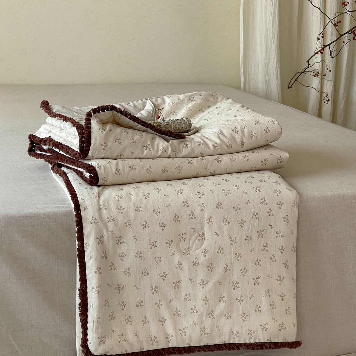 一加一 2026新款A类棉麻透气提花花边凉感夏被夏凉被空调被四件套棉麻叙 兰舟-咖