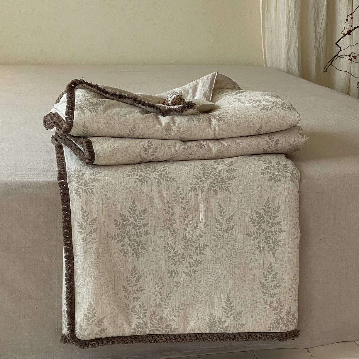 一加一 2026新款A类棉麻透气提花花边凉感夏被夏凉被空调被四件套棉麻叙 枫叶-灰