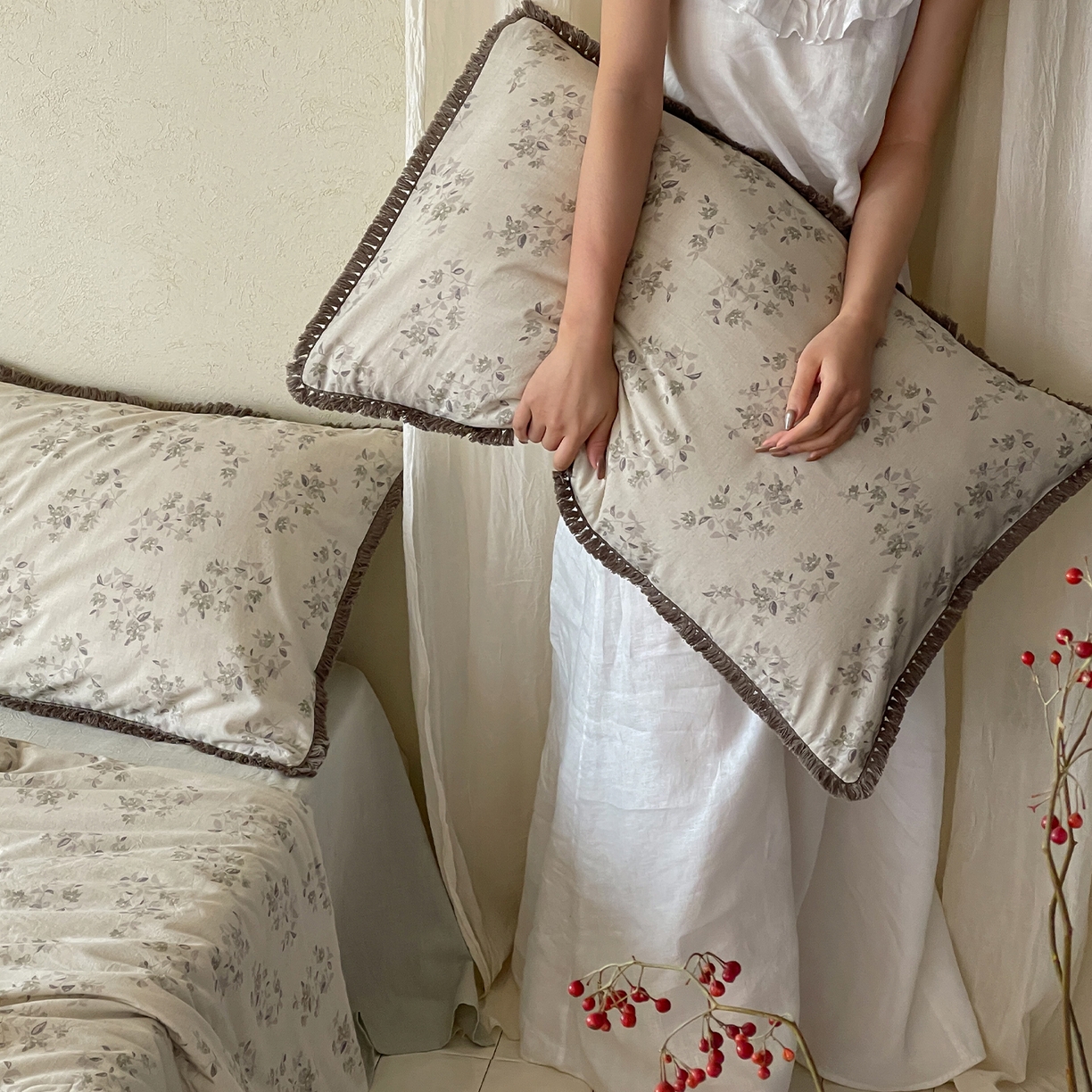 91家纺网 家纺一手货源 找家纺 一加一 2026新款A类棉麻透气提花花边凉感夏被夏凉被空调被四件套棉麻叙 锦瑟-绿